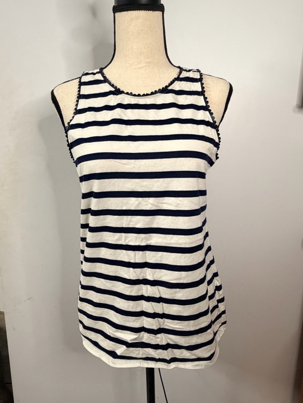 J. Crew Navy and White Striped leather Scallop-Trim Tank size small